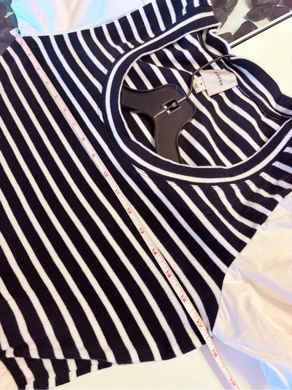Maeve Striped Bodice Puff-Sleeve Midi Dress in White and Black - Picture 11 of 15